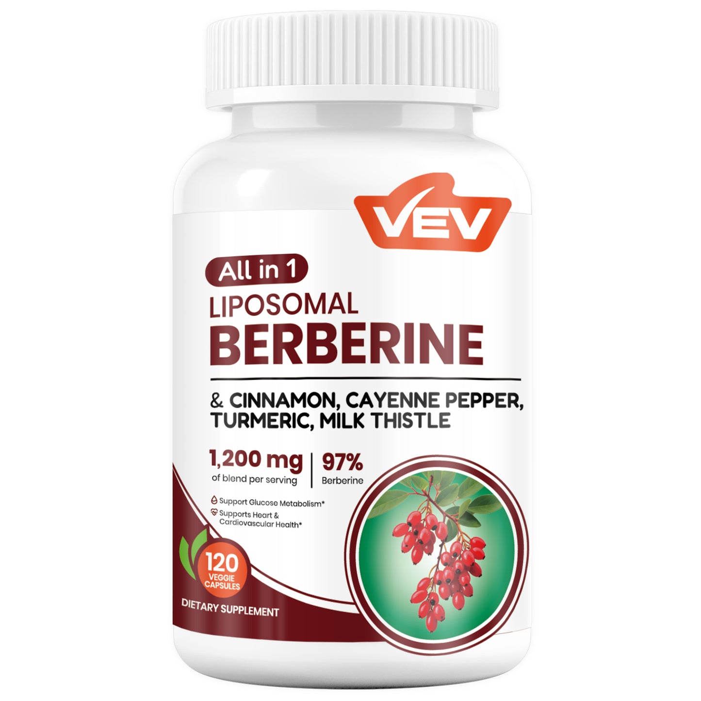 VEV Berberine Supplement with Ceylon Cinnamon, Cayenne Pepper, Turmeric, Milk Thistle, Vegan & Non-GMO – 120 Capsules