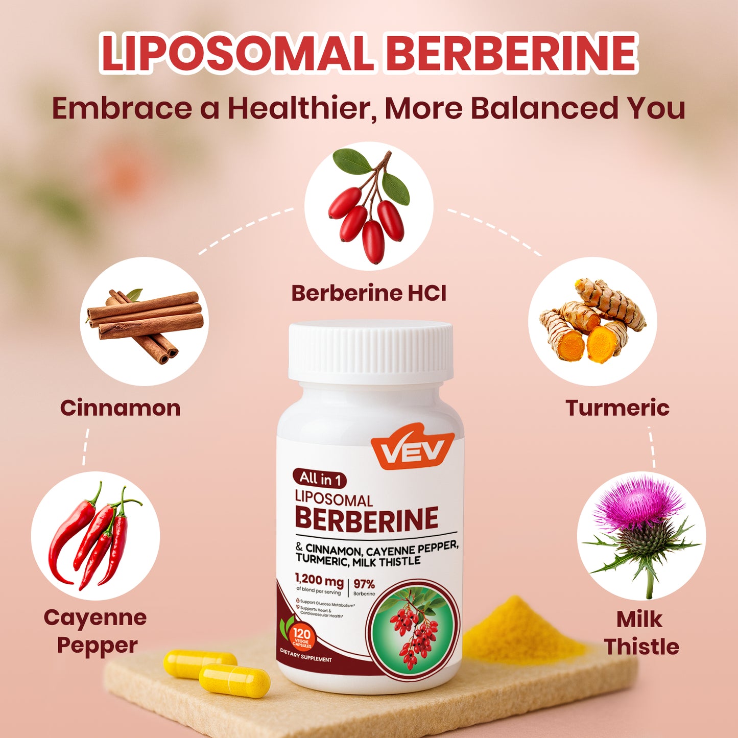 VEV Berberine Supplement with Ceylon Cinnamon, Cayenne Pepper, Turmeric, Milk Thistle, Vegan & Non-GMO – 120 Capsules