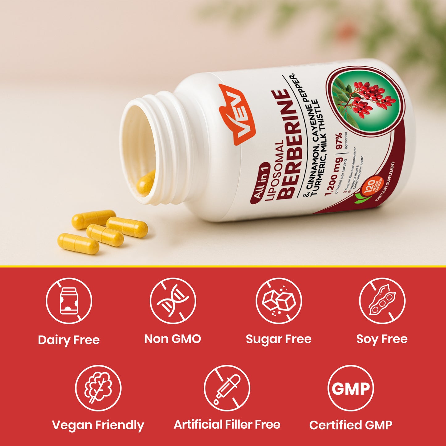 VEV Berberine Supplement with Ceylon Cinnamon, Cayenne Pepper, Turmeric, Milk Thistle, Vegan & Non-GMO – 120 Capsules