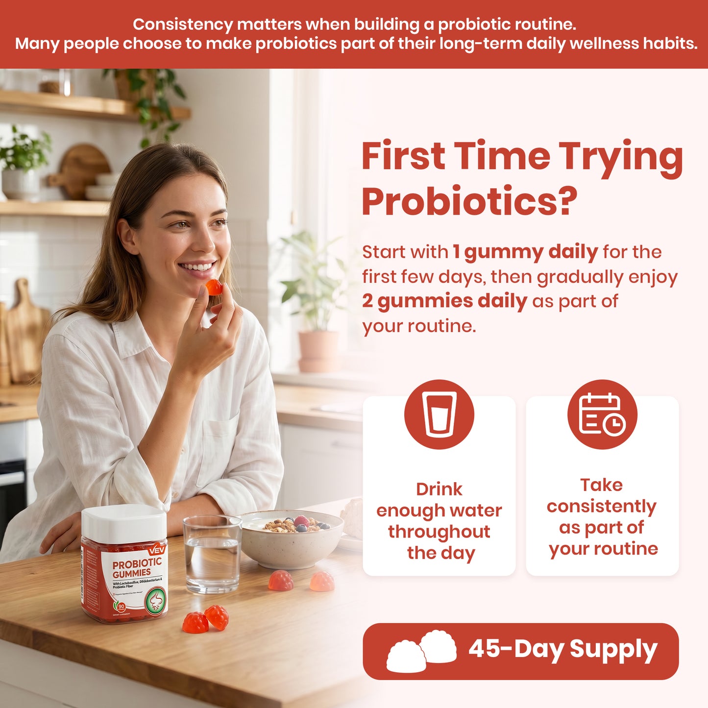 VEV Probiotics for Women Gummies, 5B CFU per Serving, 90 Count