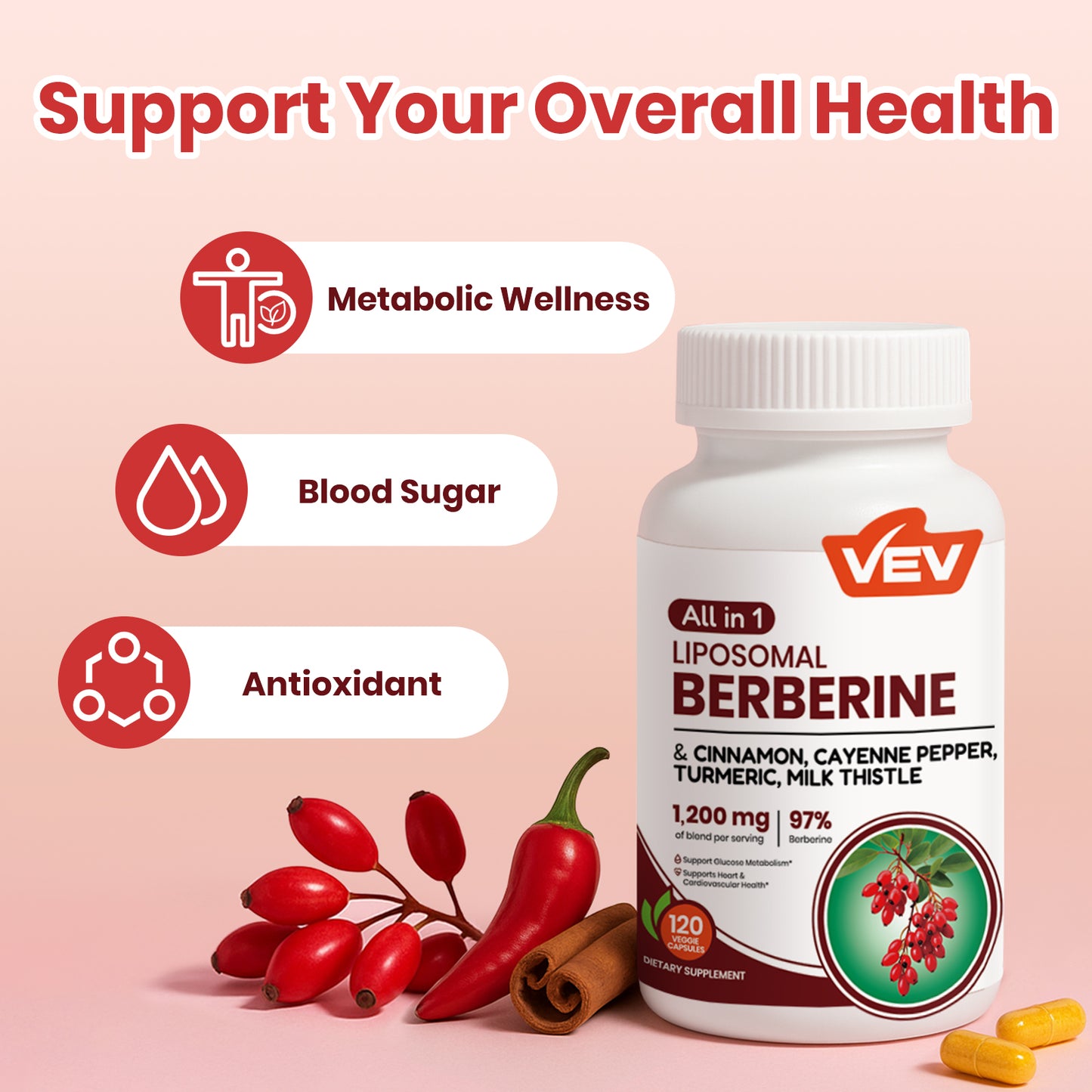 VEV Berberine Supplement with Ceylon Cinnamon, Cayenne Pepper, Turmeric, Milk Thistle, Vegan & Non-GMO – 120 Capsules