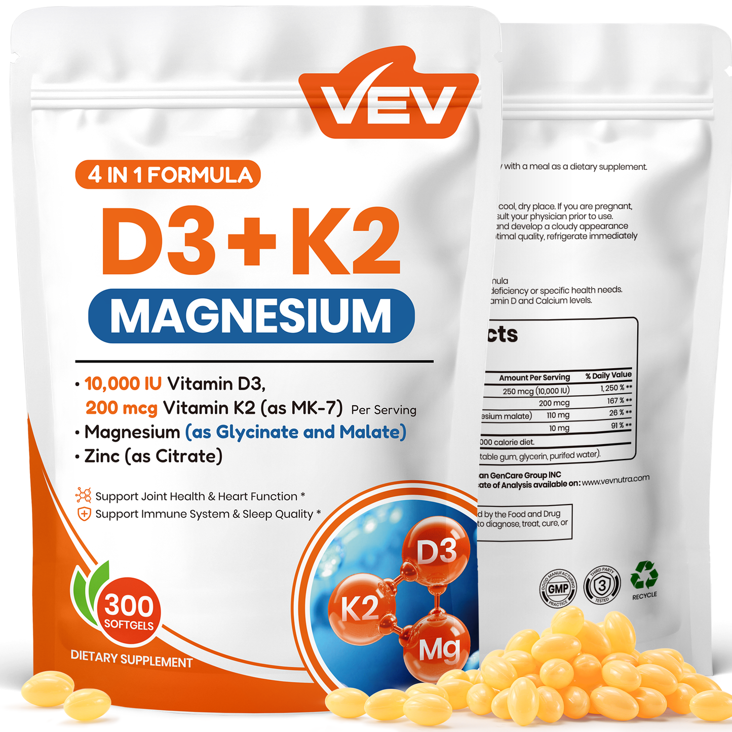 VEV Vitamin D3 K2 Magnesium - 10,000 IU Vitamin D3, 200 mcg MK-7, Magnesium Glycinate & Malate, Zinc Citrate – 300 Softgels