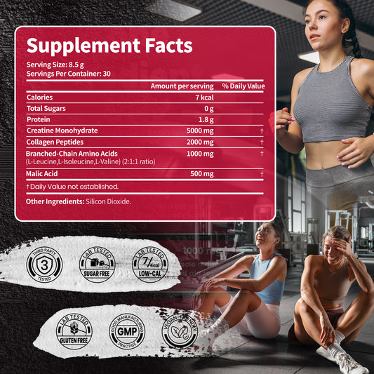 VEV Creatine Monohydrate Powder 5000mg with Collagen & BCAAs 2:1:1 – 9.5oz, 30 Servings