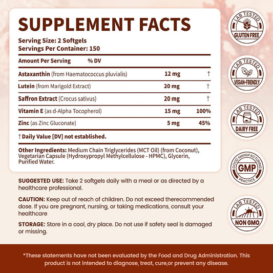 staxanthin 12mg & Lutein 20mg Supplements with MCT Oil, Saffron Extract, Vitamin E & Zinc, 150 Servings