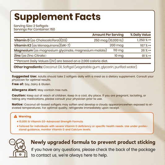 VEV Vitamin D3 K2 Magnesium - 10,000 IU Vitamin D3, 200 mcg MK-7, Magnesium Glycinate & Malate, Zinc Citrate – 300 Softgels