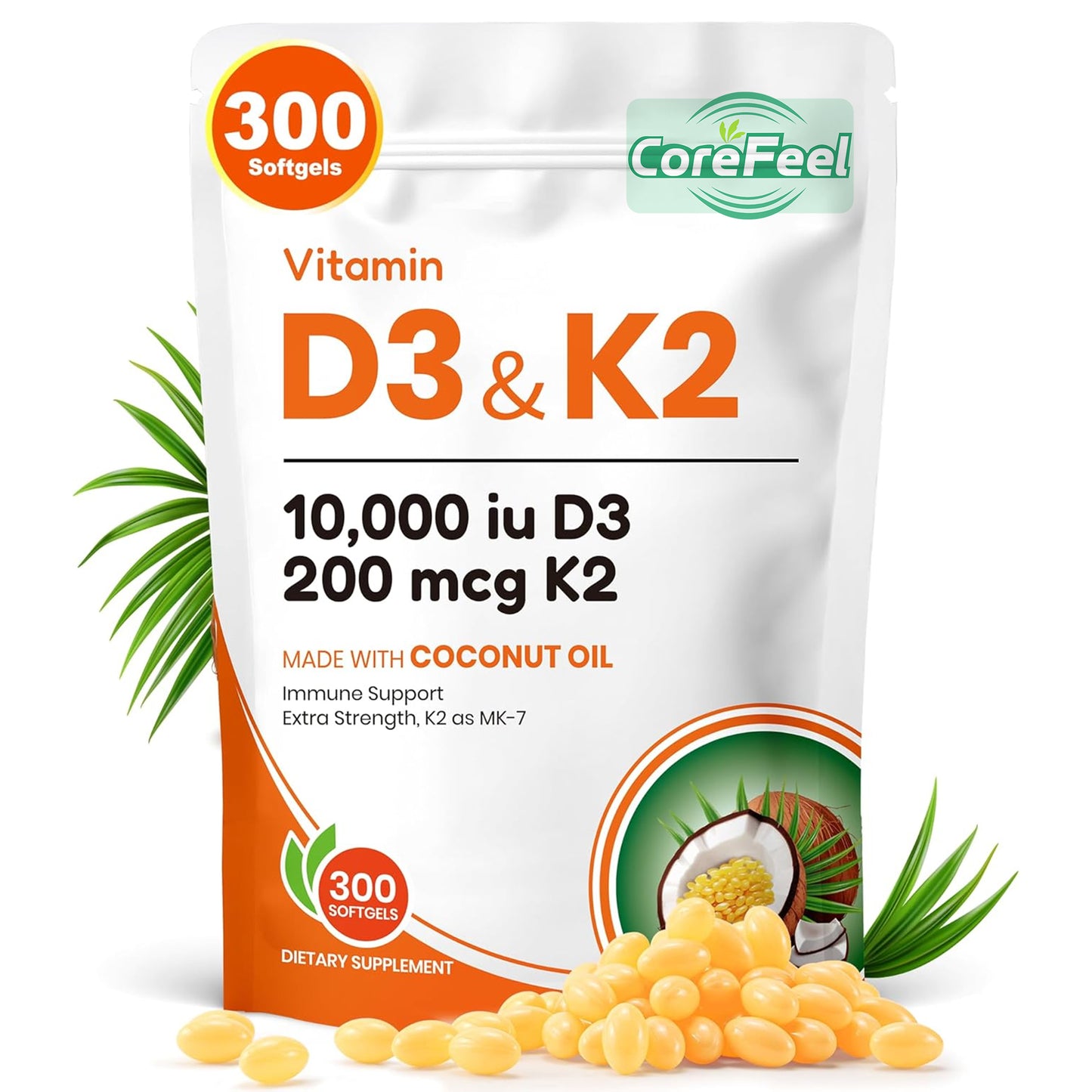 CoreFeel Vitamin D3 K2 10000 IU, 300 Virgin Coconut Oil Softgels, 2 in 1 Vitamins Supplement D & K (Include MK7),