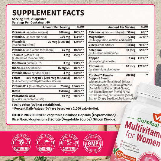 VEV Multivitamin for Women, 120 Capsules, 60-Day Supply – 13 Essential Vitamins & 6 Key Minerals for Daily Nutrition