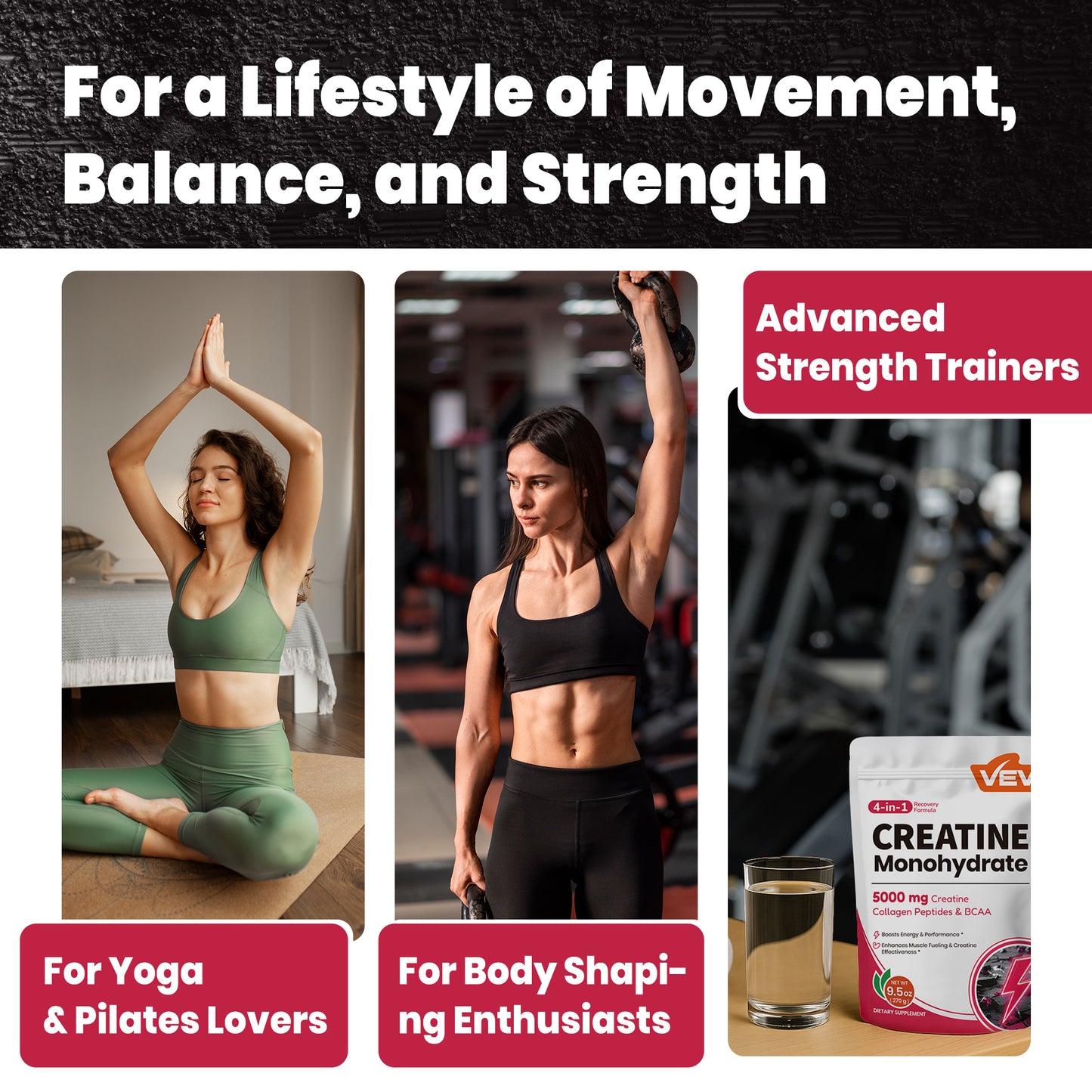 VEV Creatine Monohydrate Powder 5000mg with Collagen & BCAAs 2:1:1 – Creatine for Women, Supports Muscle Definition, Recovery, Energy & Workout Performance – Unflavored, Sugar-Free, 9.5oz, 30 Servings