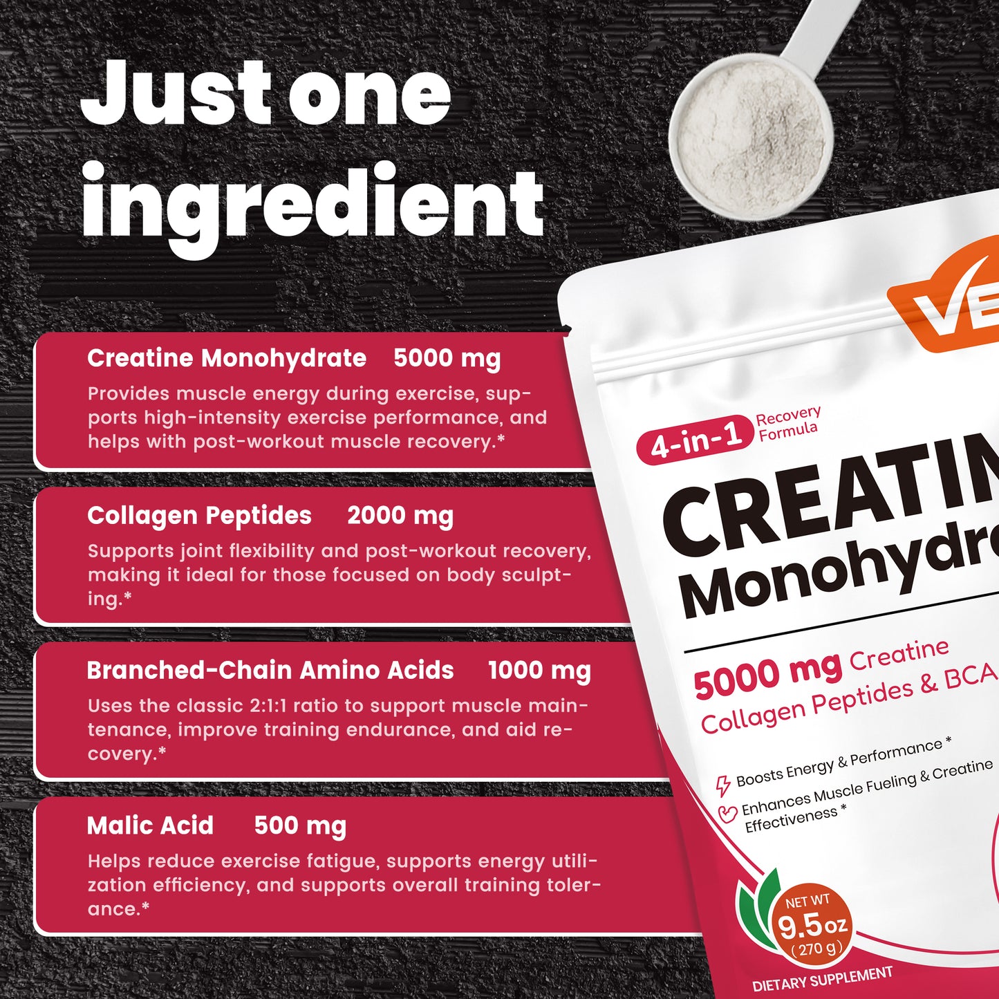 VEV Creatine Monohydrate Powder 5000mg with Collagen & BCAAs 2:1:1 – Creatine for Women, Supports Muscle Definition, Recovery, Energy & Workout Performance – Unflavored, Sugar-Free, 9.5oz, 30 Servings