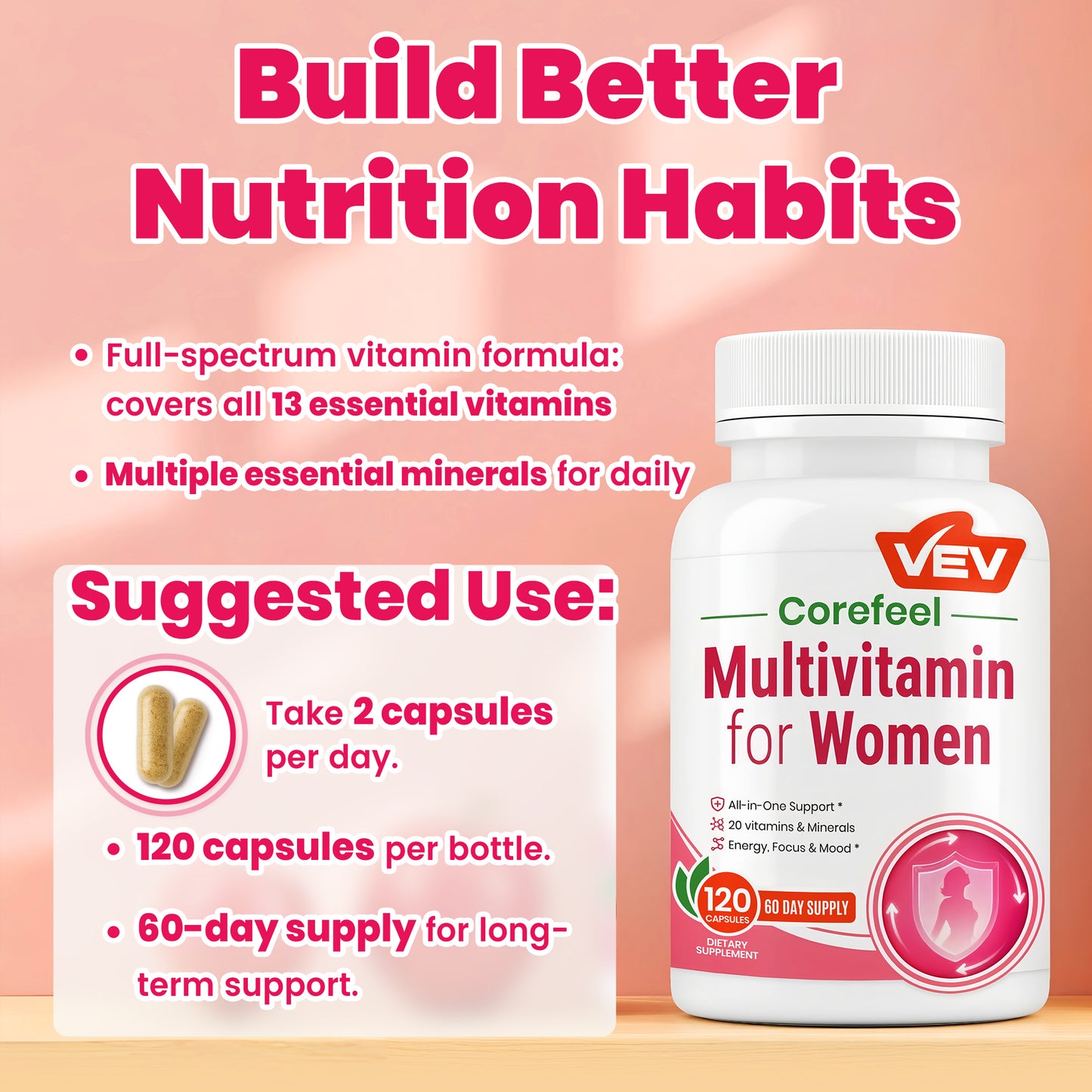 VEV Multivitamin for Women, 120 Capsules, 60-Day Supply – 13 Essential Vitamins & 6 Key Minerals for Daily Nutrition