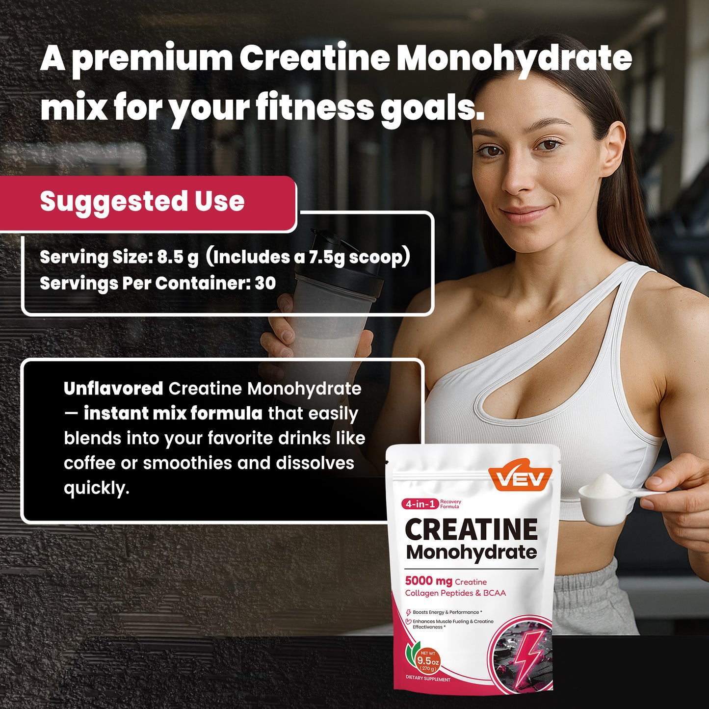 VEV Creatine Monohydrate Powder 5000mg with Collagen & BCAAs 2:1:1 – Creatine for Women, Supports Muscle Definition, Recovery, Energy & Workout Performance – Unflavored, Sugar-Free, 9.5oz, 30 Servings