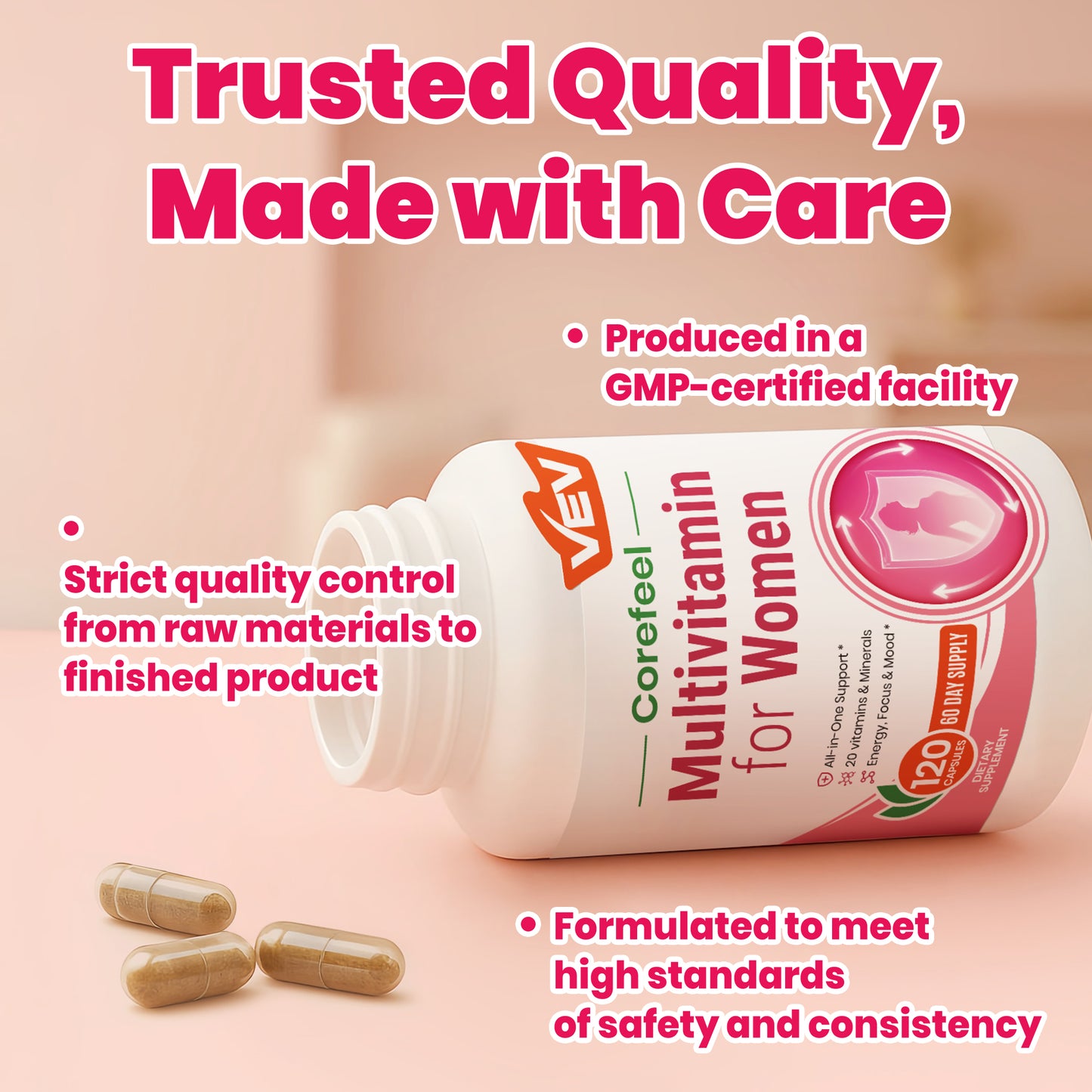 VEV Multivitamin for Women, 120 Capsules, 60-Day Supply – 13 Essential Vitamins & 6 Key Minerals for Daily Nutrition