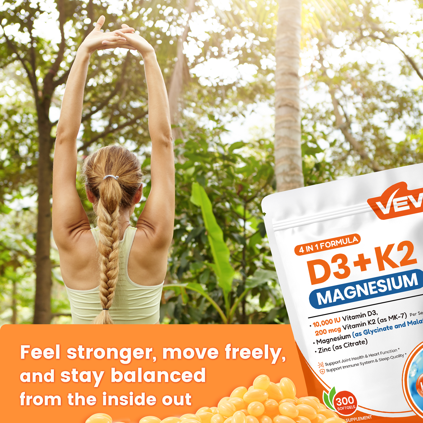 VEV Vitamin D3 K2 Magnesium - 10,000 IU Vitamin D3, 200 mcg MK-7, Magnesium Glycinate & Malate, Zinc Citrate – 300 Softgels