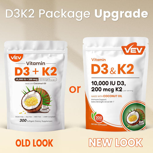 VEV Vitamin D3 K2 10000 IU, 300 Coconut Oil Softgels