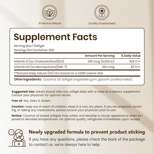 VEV Corefeel Vitamin D3 K2, 5000 IU D3 100mcg K2 (MK 7), 300 Softgels