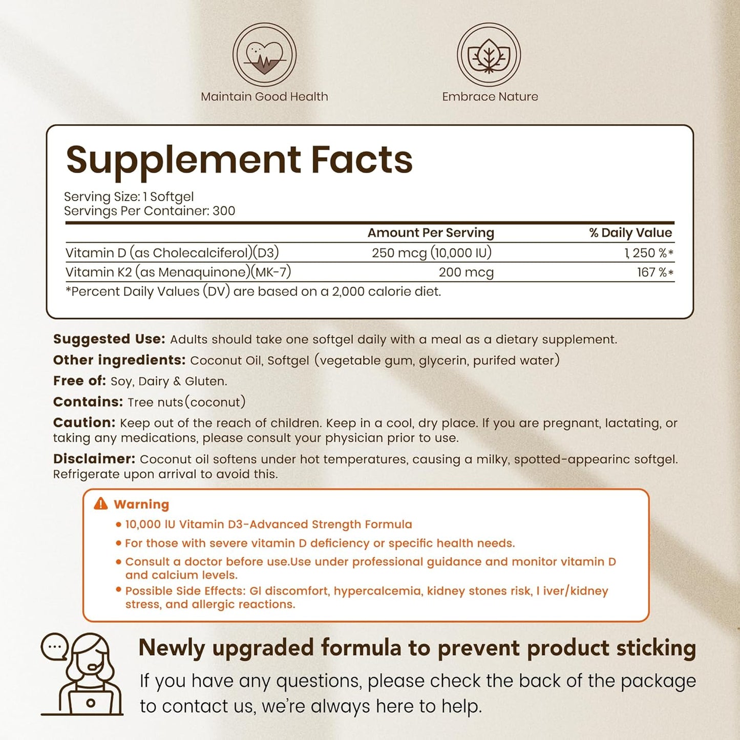 VEV Vitamin D3 K2 10000 IU, 300 Coconut Oil Softgels