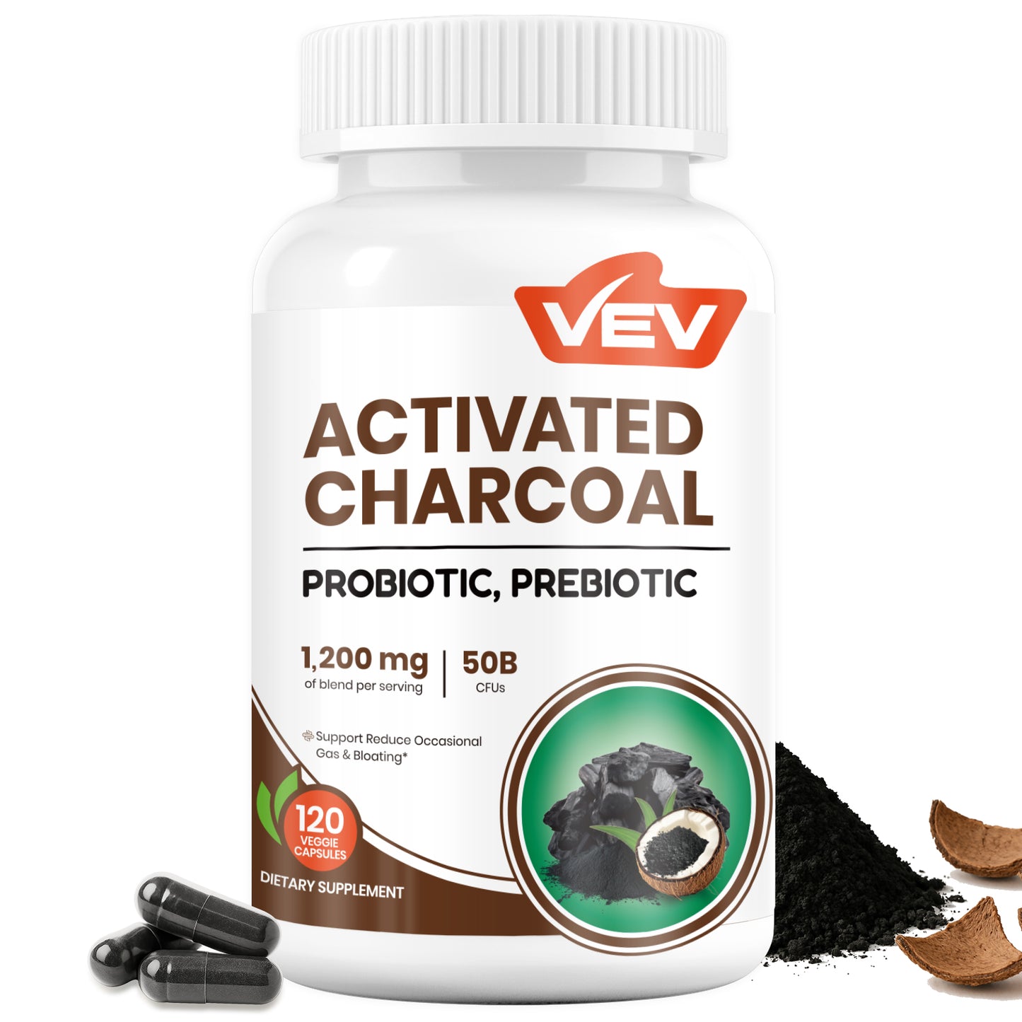 VEV Activated Charcoal Capsules 1200 mcg + 50B Probiotics - 120 Vegan Capsules