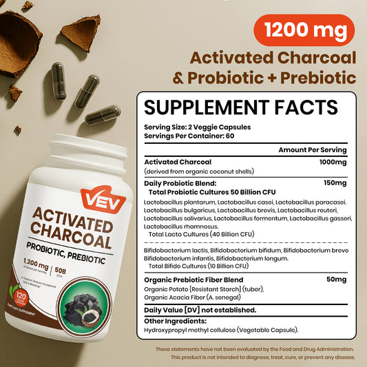 VEV Activated Charcoal Capsules 1200 mcg + 50B Probiotics - 120 Vegan Capsules