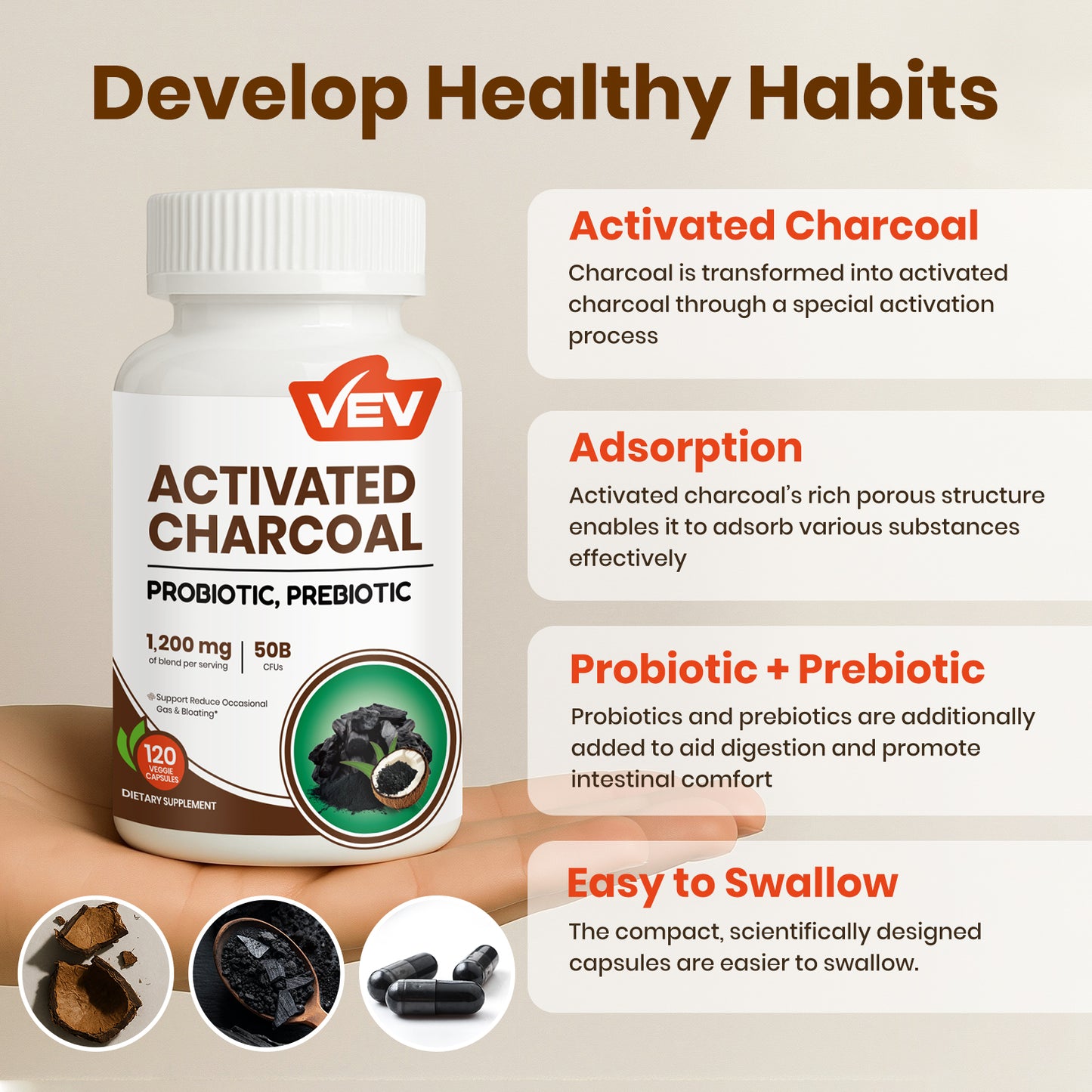 VEV Activated Charcoal Capsules 1200 mcg + 50B Probiotics - 120 Vegan Capsules