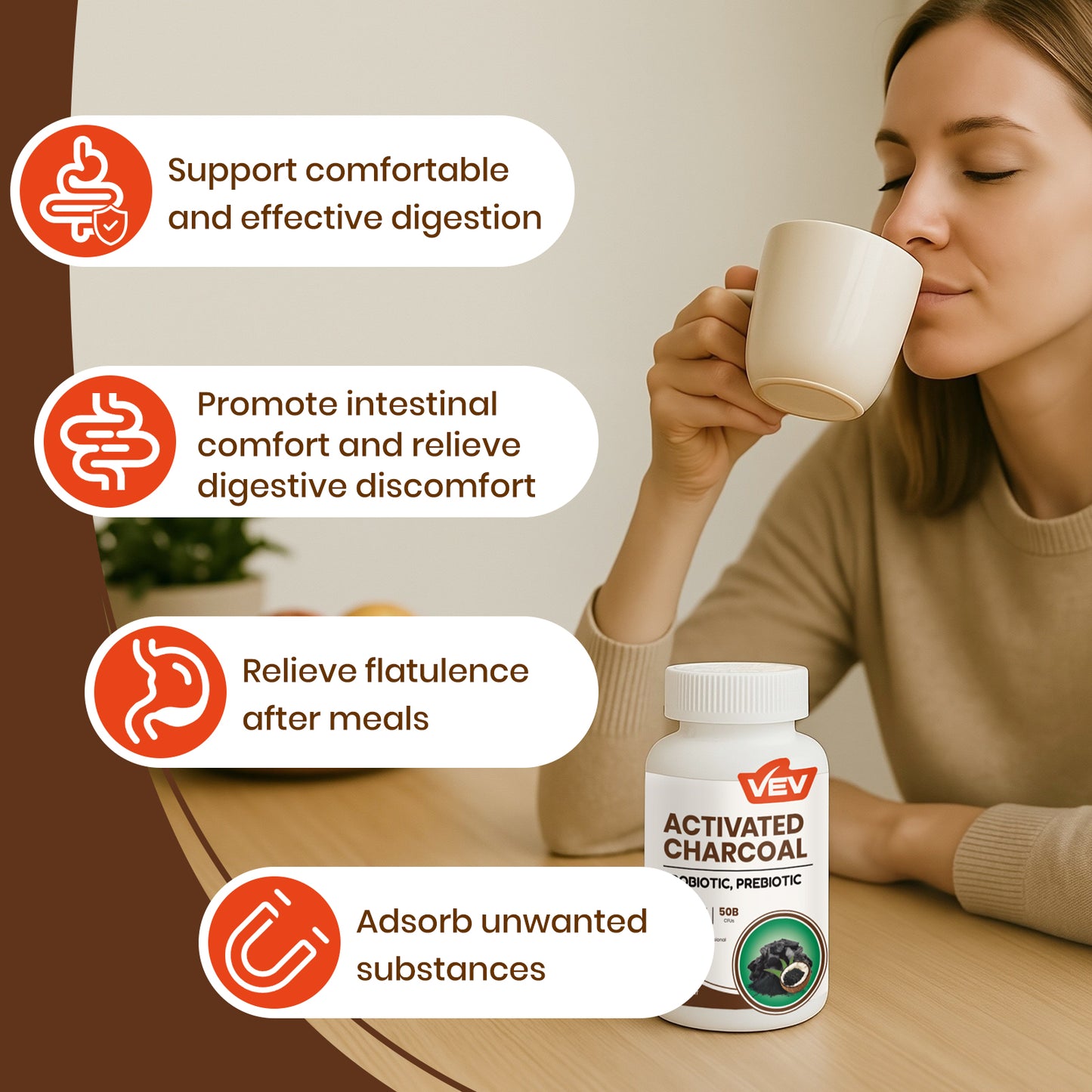 VEV Activated Charcoal Capsules 1200 mcg + 50B Probiotics - 120 Vegan Capsules