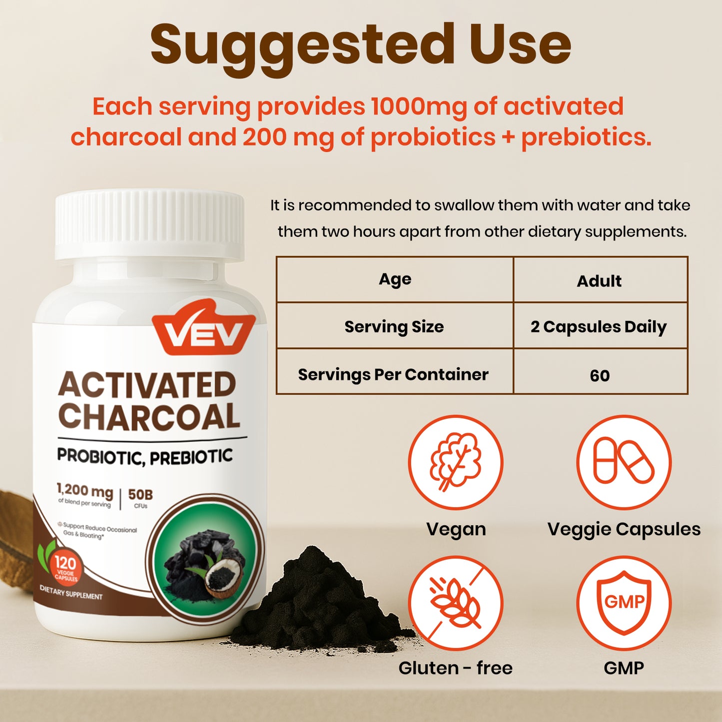 VEV Activated Charcoal Capsules 1200 mcg + 50B Probiotics - 120 Vegan Capsules