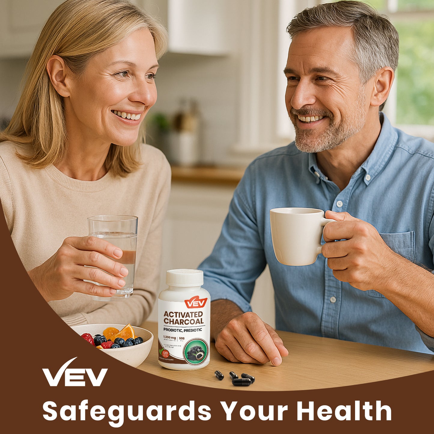 VEV Activated Charcoal Capsules 1200 mcg + 50B Probiotics - 120 Vegan Capsules