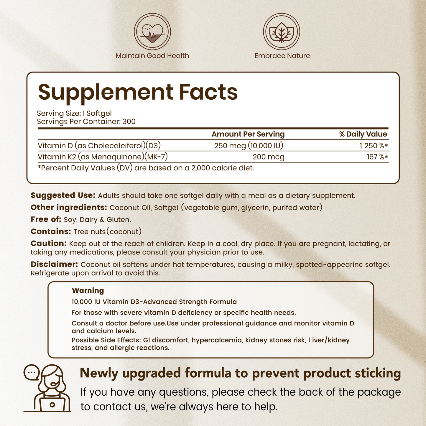CoreFeel Vitamin D3 K2 10000 IU, 300 Virgin Coconut Oil Softgels, 2 in 1 Vitamins Supplement D & K (Include MK7),