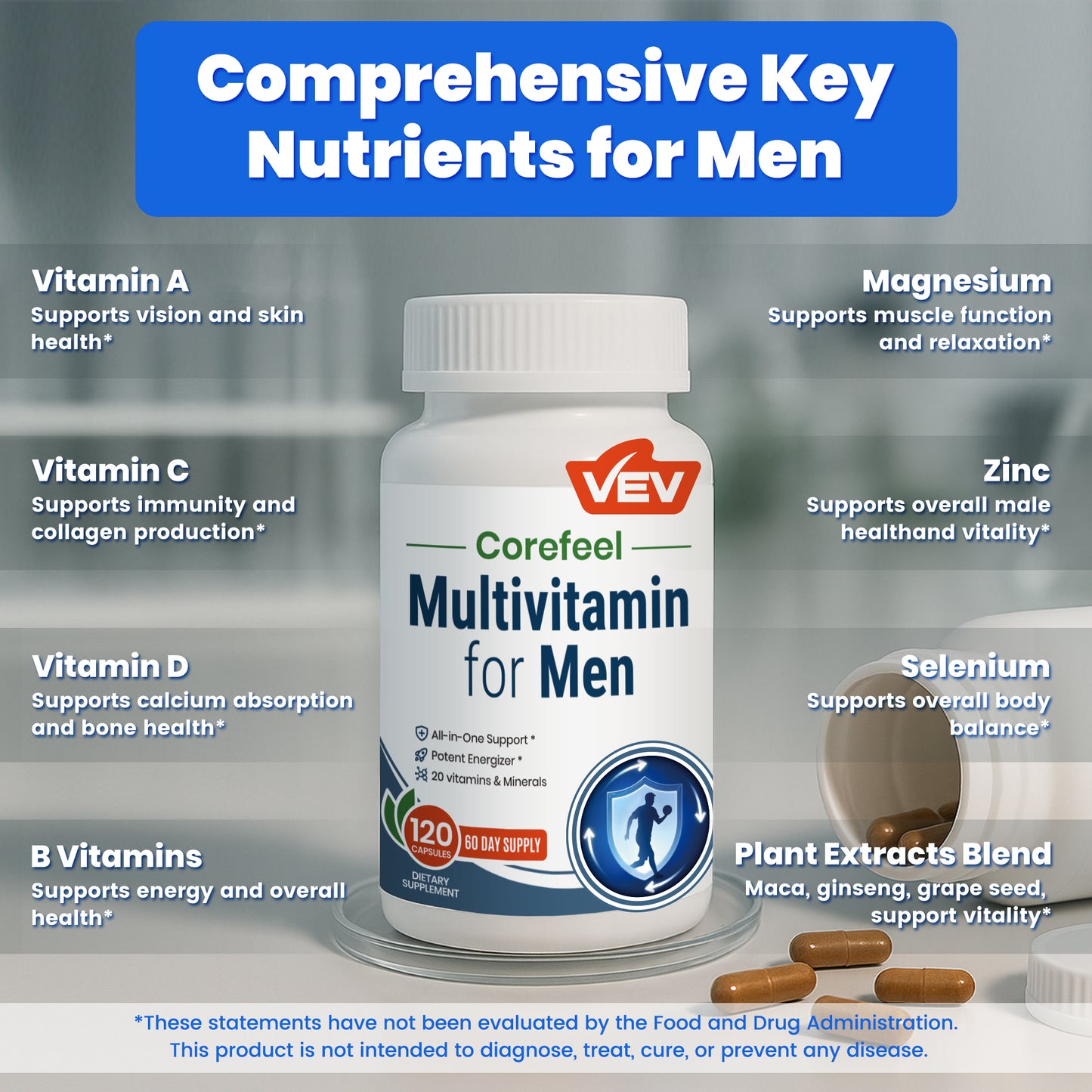 VEV Multivitamin for Men, Vitamin A, C, D, B Complex – 120 Capsules(60-Day Supply)
