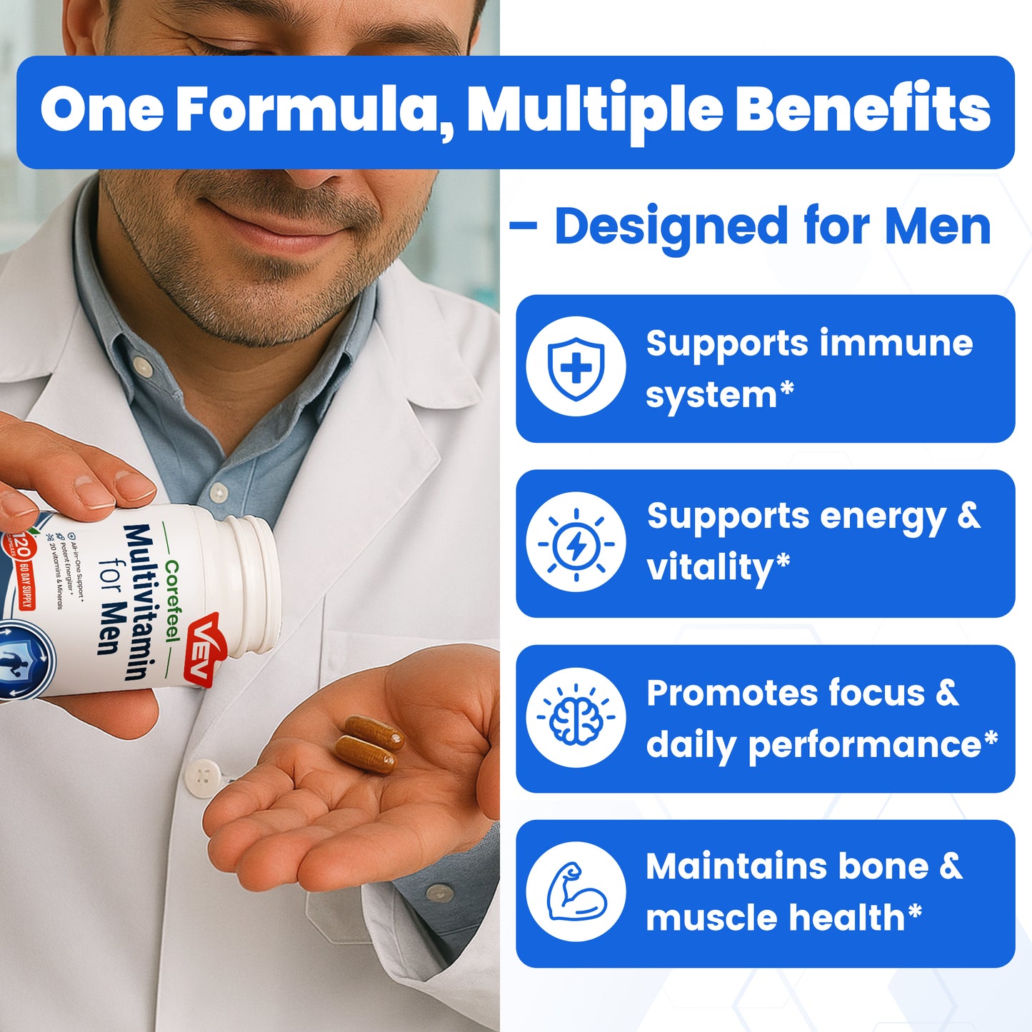 VEV Multivitamin for Men, Vitamin A, C, D, B Complex – 120 Capsules(60-Day Supply)