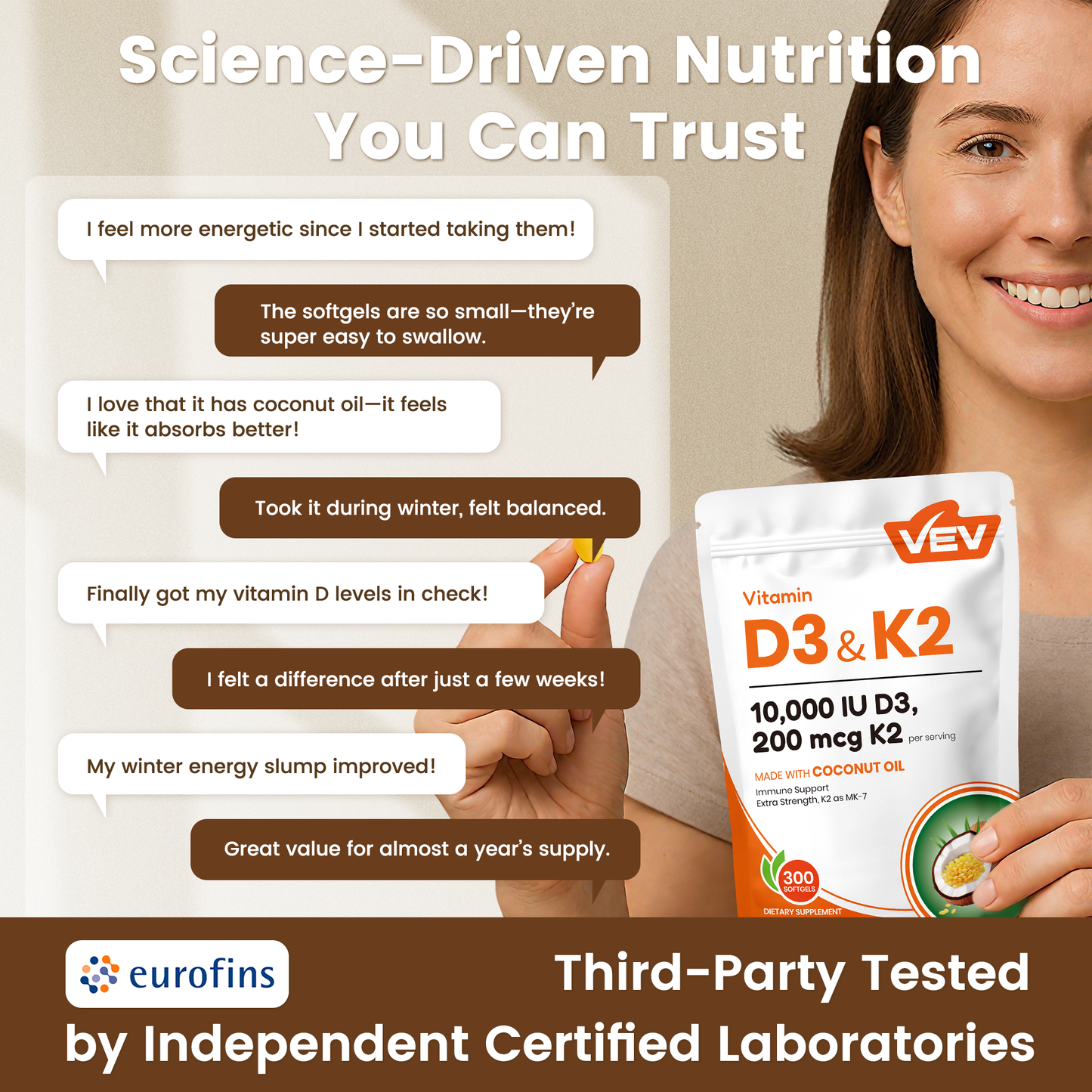 VEV Vitamin D3 K2 10000 IU, 300 Coconut Oil Softgels