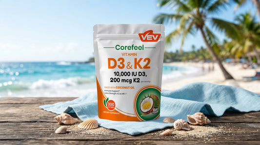 White and orange VEV Vitamin D3 K2 pouch displayed on a wooden table with a tropical beach background.