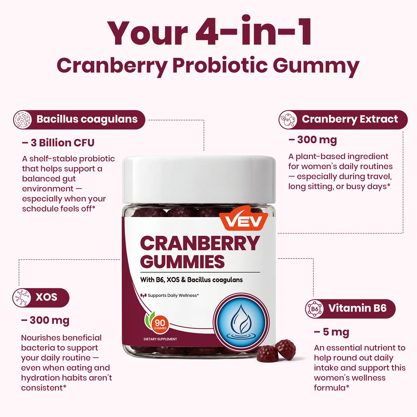 VEV Cranberry Gummies, XOS & 3B CFU Probiotics Per Serving, 90 Count
