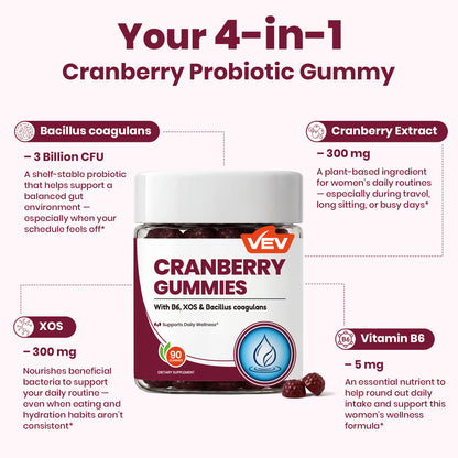 VEV Cranberry Gummies, XOS & 3B CFU Probiotics Per Serving, 90 Count