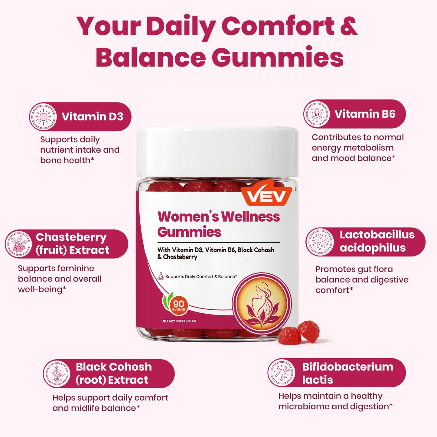 VEV Women's Wellness Gummies, Black Cohosh, Chasteberry, D3, B6