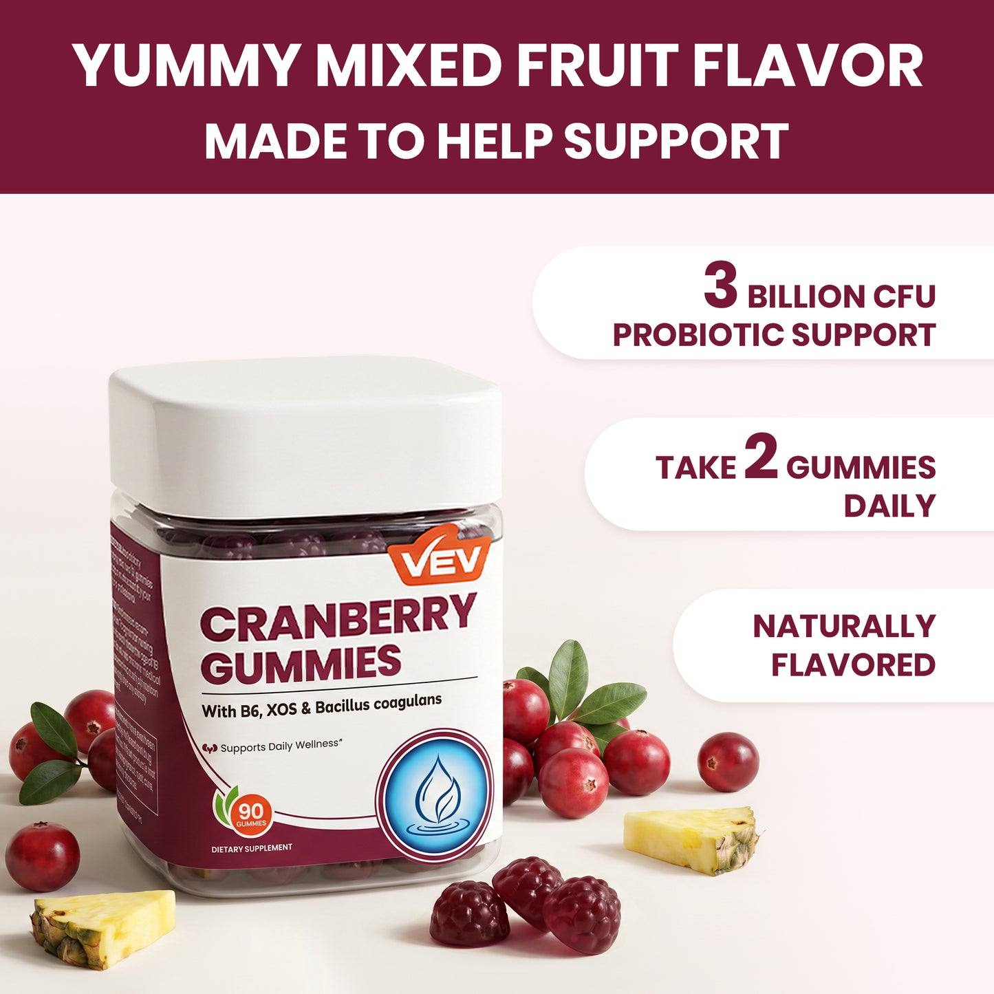 VEV Cranberry Gummies, XOS & 3B CFU Probiotics Per Serving, 90 Count