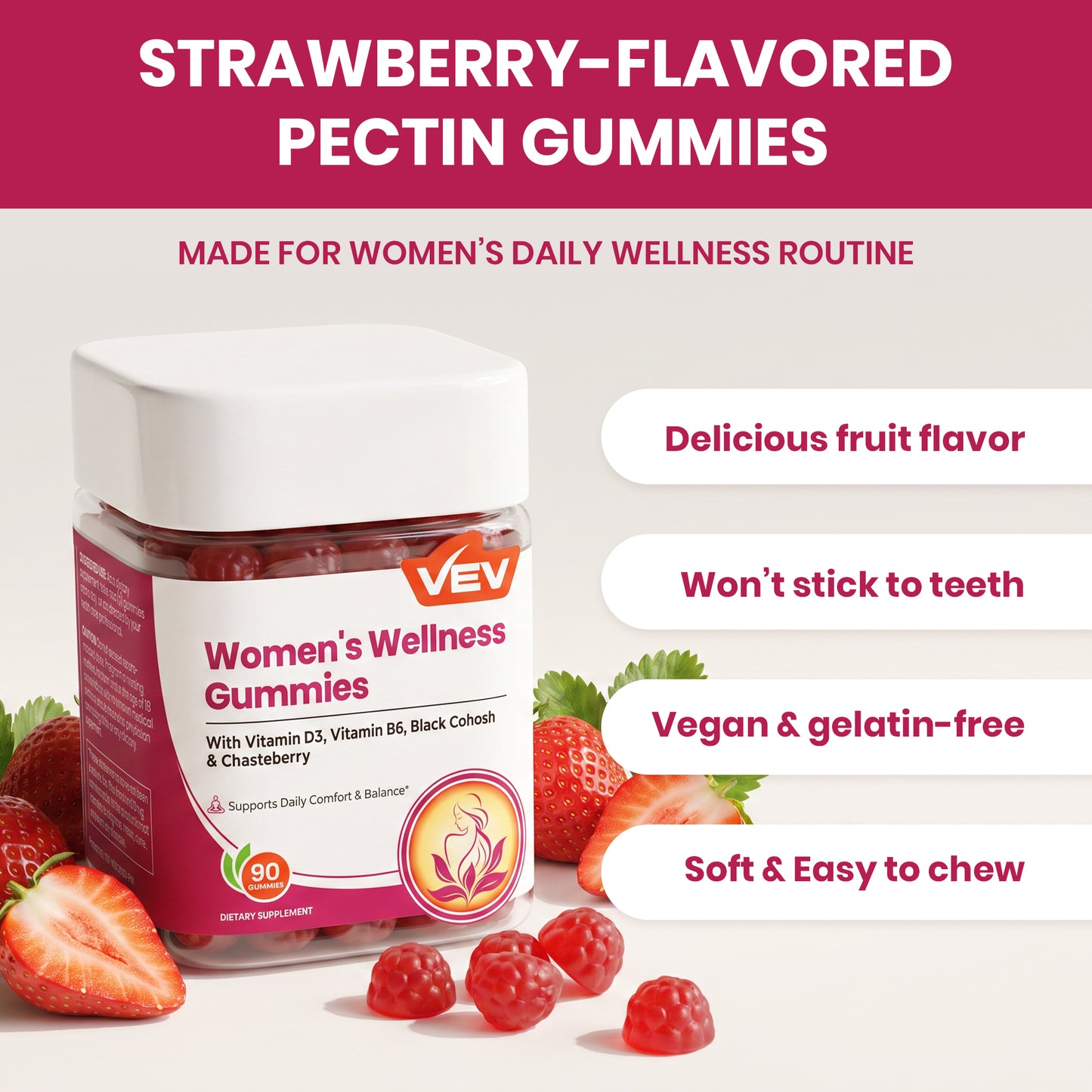 VEV Women's Wellness Gummies, Black Cohosh, Chasteberry, D3, B6