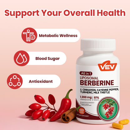 VEV Berberine Supplement with Ceylon Cinnamon, Cayenne Pepper, Turmeric, Milk Thistle, Vegan & Non-GMO – 120 Capsules