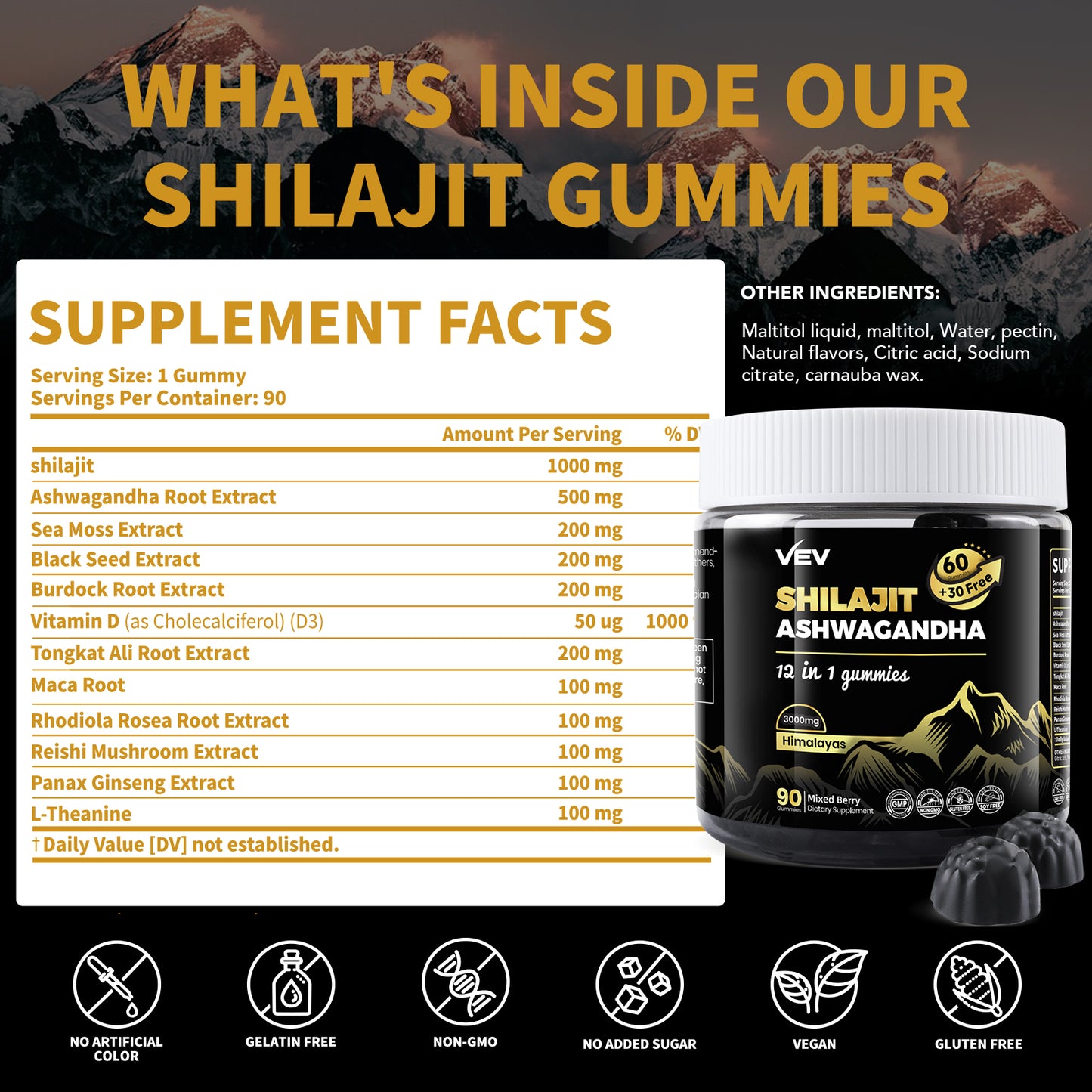 VEV Shilajit Gummies–90 Count, Natural Energy Support, Enhanced Absorption