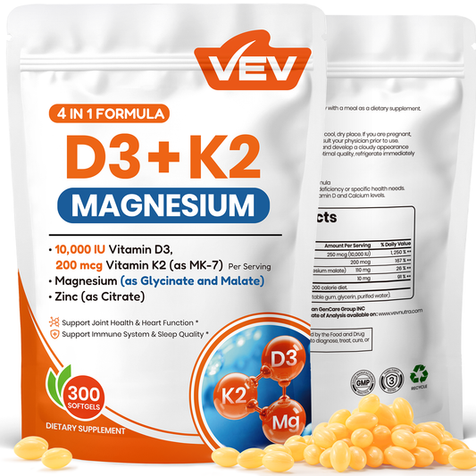 VEV Vitamin D3 K2 Magnesium - 10,000 IU Vitamin D3, 200 mcg MK-7, Magnesium Glycinate & Malate, Zinc Citrate – 300 Softgels