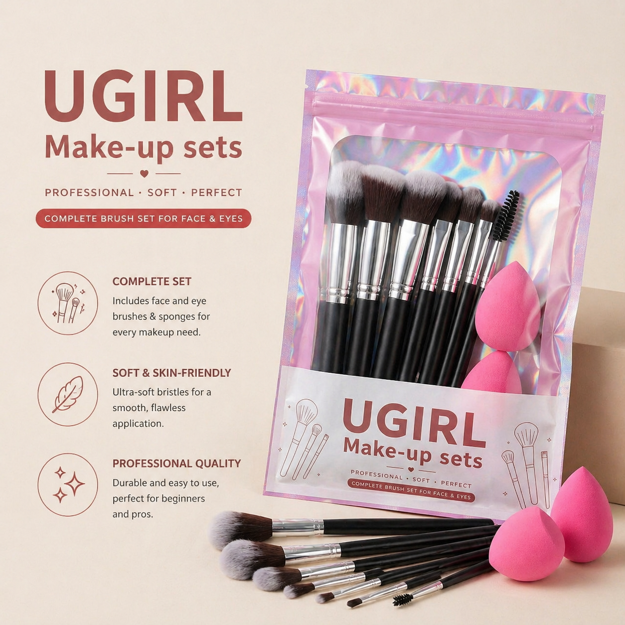 UGIRL Makeup Brush Set for Face and Eyes, Soft Professional Brushes for Everyday Makeup