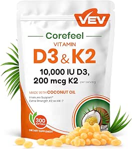 VEV Vitamin D3 K2 10000 IU, 300 Coconut Oil Softgels