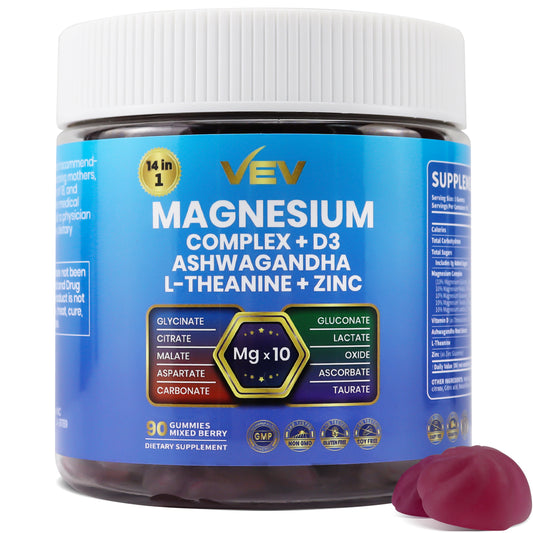 VEV Magnesium Complex Gummies with Vitamin D3, L-Theanine, Ashwagandha, and Zinc, 10 Types of Magnesium, 90 Count