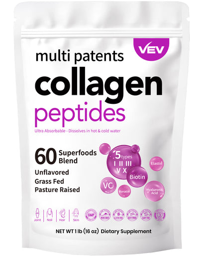 VEV Multi Collagen Peptides Powder, Type I, II, III, V, X, No Taste, Biotin, Hyaluronic Acid, Vitamin C, Easy Dissolve,1 Pound