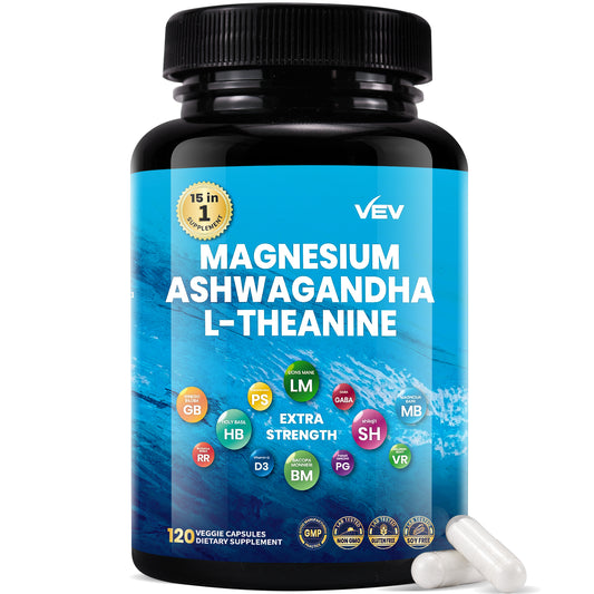 VEV Magnesium Complex with Magnesium Glycinate, Ashwagandha, L-Theanine, and Rhodiola Rosea - 120 Capsules