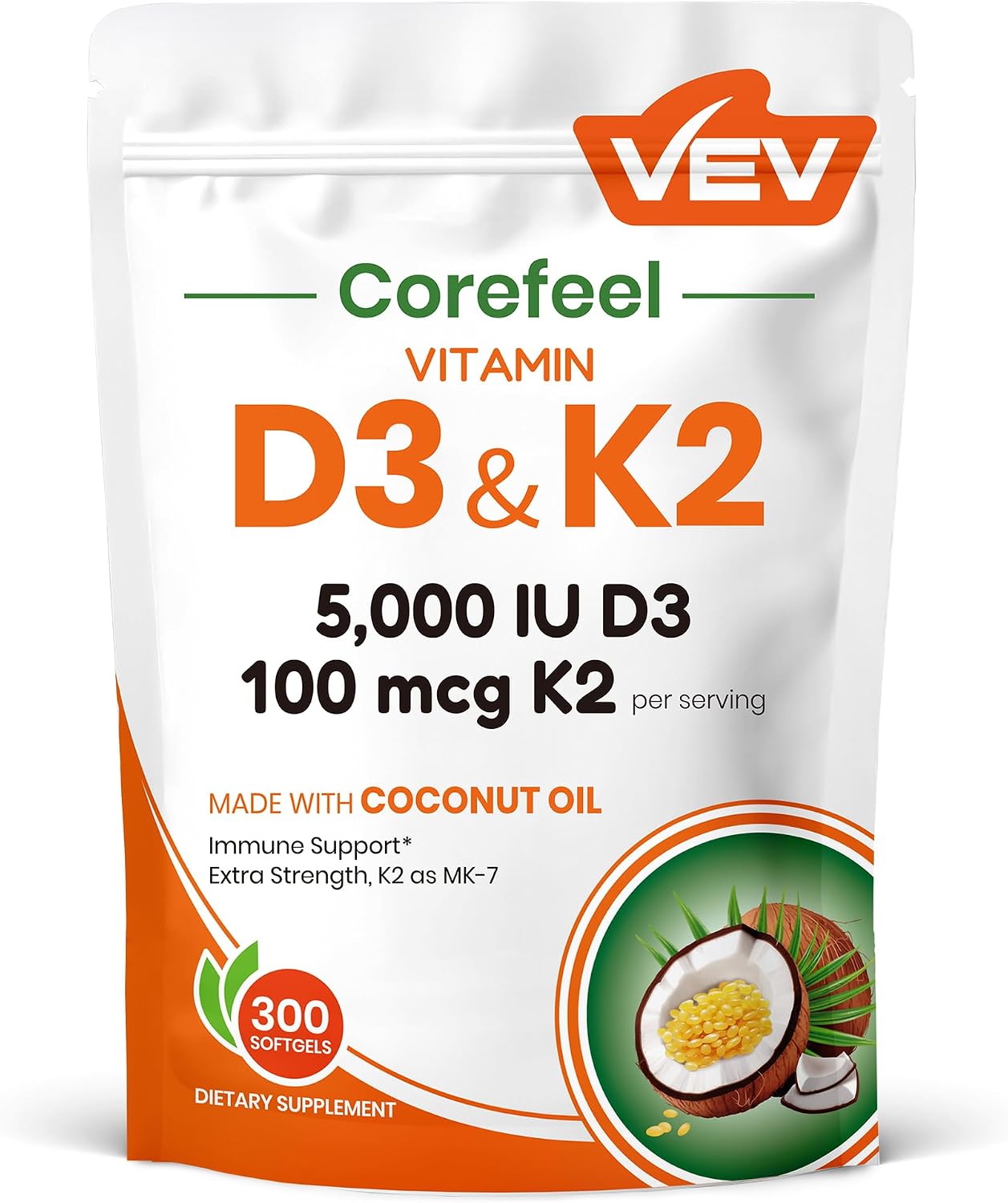 VEV Corefeel Vitamin D3 K2, 5000 IU D3 100mcg K2 (MK 7), 300 Softgels