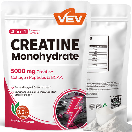 VEV Creatine Monohydrate Powder 5000mg with Collagen & BCAAs 2:1:1 – Creatine for Women, Supports Muscle Definition, Recovery, Energy & Workout Performance – Unflavored, Sugar-Free, 9.5oz, 30 Servings