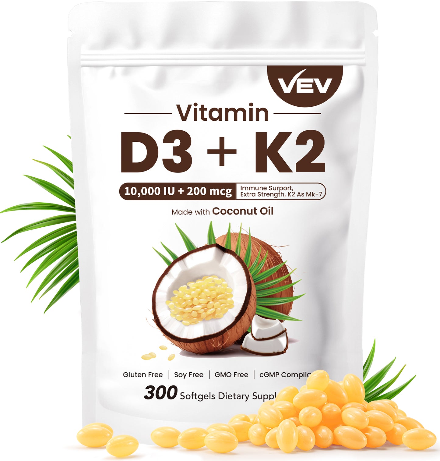 VEV Vitamin D3 K2 10000 IU, Includes MK7, 300 Coconut Oil Softgels