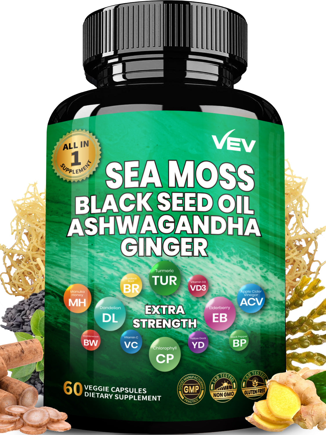 VEV Sea Moss, Ashwagandha, Vitamin D, Ginger, Burdock Root, Black Seed Oil, Irish Sea Moss, Multi Minerals, Vitamin C - 60Pills