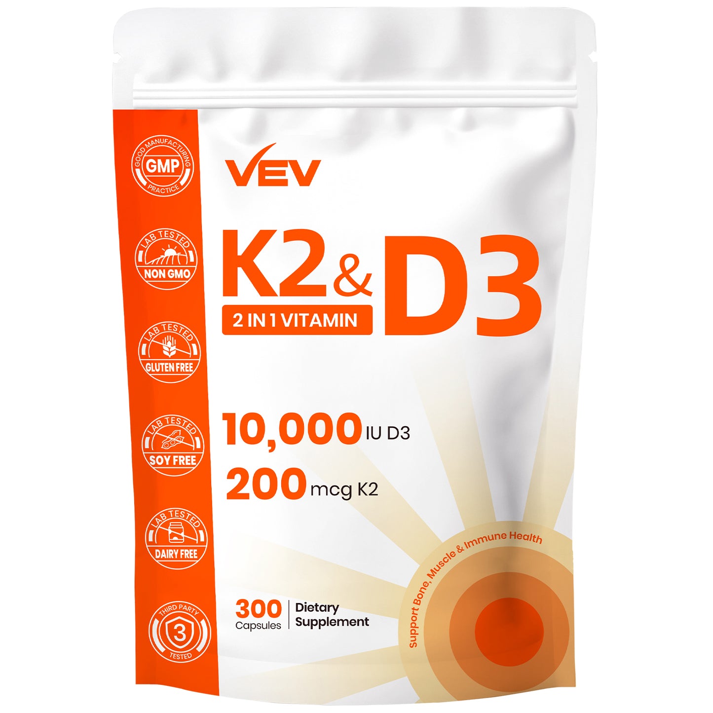 VEV Vitamin D3 K2 – 10,000 IU D3, 200mcg MK7 – 300 Capsules