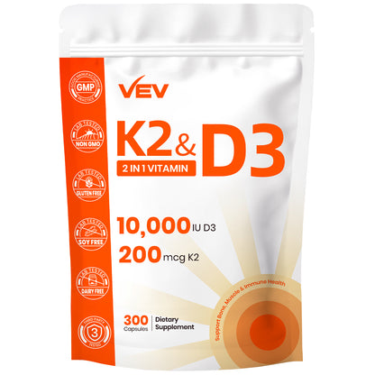 VEV Vitamin D3 K2 – 10,000 IU D3, 200mcg MK7 – 300 Capsules